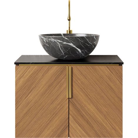 Meuble de salle de bain 61 cm avec vasque céramique noire et plan en pierre noire, armoire en contreplaqué style chêne brun (1/5)