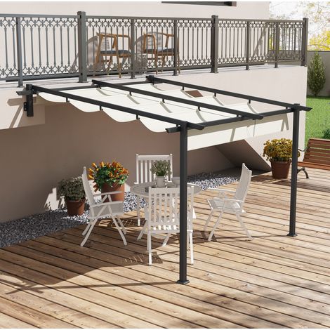 Pergola adossée 297x297x200/230 cm blanc crème en aluminium avec toit rétractable (1/5)