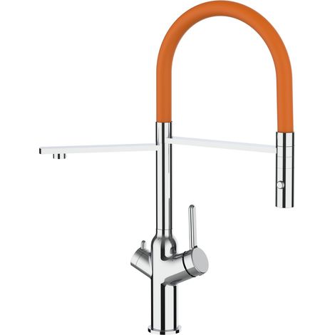 3 Wege Wasserhahn Kueche Spueltischarmatur Verchromt Kuechenarmatur mit Orange 360 schwenkbarem Auslauf und abnehmbare 2 strahl Handbrause - BOD Design