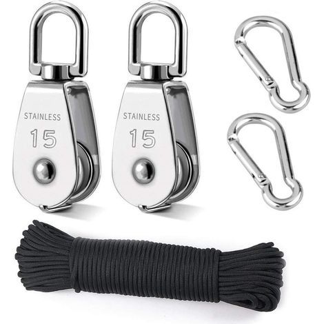 Poulie de levage, 2 poulies de 15 mm en acier inoxydable 304, 2 poulies simples M15, pour cordes et câbles, avec corde d'escalade de 8 mm et 20 m.