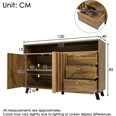 Commode buffet chêne foncé 120x40x85cm. 3 tiroirs 2 portes façade lattée vintage,rangement polyvalent intérieur.