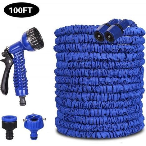 1pcs Tuyau D\'arrosage, 30m (100 ft) Flexible Tuyau, D\'arrosage Rétractable Tuyau d\'eau Extensible avec pour Irrigation(blue) (1/3)