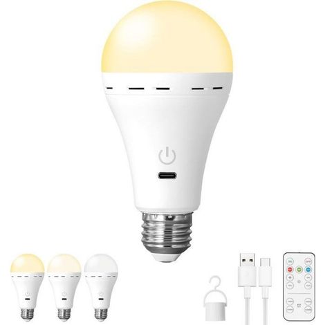 Lampe LED Rechargeable - E26 E27 - Sans Fil - 2200 mAh - 300 Lumen - 3 Températures de Couleur - 1 Pièce (1/5)