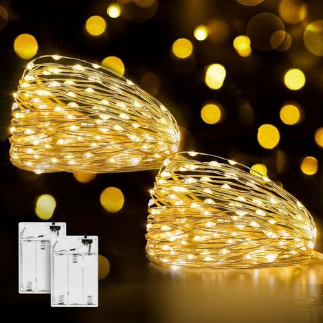 CCYKXAGuirlande lumineuse à 50 LED et à piles en fil de cuivre pour éclairage intérieur et extérieur, chambre, fête (Blanc chaud, 2 pièce 5M 50Leds) (1/5)