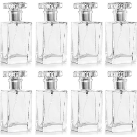 Lot de 8 flacons vaporisateurs de parfum vides et rechargeables en verre transparent de 30 ml (1 oz) - Flacons carrés transparents avec pompe à brume argentée - Format voyage (1/4)