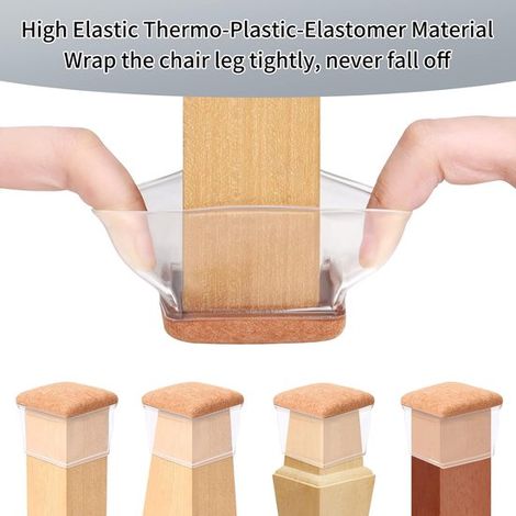 Lot de 8 patins de protection carrés transparents pour pieds de chaises, en feutre de silicone, adaptés aux parquets, tables à manger, tabourets de bar. (1/2)