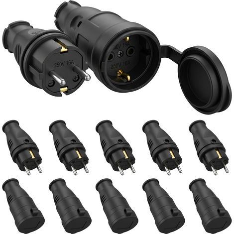 Lot de 10 Connecteurs Schuko,5 Pièces Kit Fiche Mâle + 5 Pièces Prise Femelle,Étanche IP44,250V 16A Fiche Électrique en Caoutchouc Broche,Jeu de Contacts de Protection Pour Câble de 0,5 à 3 cm² (1/5)