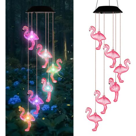 Carillon éolien flamant rose à énergie solaire avec lumières changeantes - Décoration extérieure pour jardin, terrasse, cour (1/5)