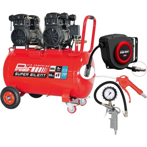 PRODIF Compresseur Super Silent SIL1003 100L 3CV + Enrouleur EN 10 + Soufflette + Poignée de Gonflage