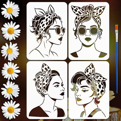 4Pcs Pochoirs Femme 21x29.7cm Avec Un Pinceau Pochoirs Dame Avec Foulard à Noeud Réutilisables Format A4 Modèles de Dessin Réutilisables pour Décoration Mur Bois Tissu Meuble Artistique (1/5)