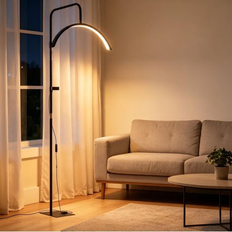 Lámpara de pie LED semicircular 36 W, 7 temperaturas, altura regulable 136-186 cm, negro DESVIAE (1/5)