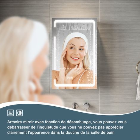 SIRHONA  Miroir lumineux de salle de bain avec prise rasoir Anti-buée meuble à miroir avec éclairage LED Armoires de salle de bain murales 590 x 600mm — vue 3