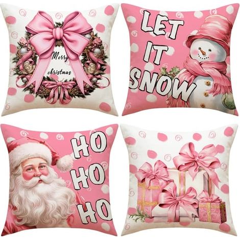 Taie d'oreiller de Noël en lin imprimé, coussin simple, décoration intérieure, coussin de Noël (4 pièces) (1/5)