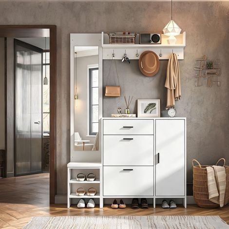 Meuble d'entrée blanc 140 x 30 x 200 cm avec banc miroir (1/5)