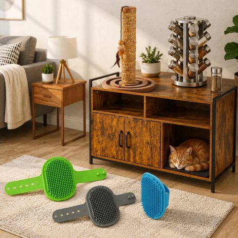 Set per la cura del gatto (3 pezzi) – Mobile per lettiera, set di 3 spazzole per la toelettatura e tiragraffi (1/5)