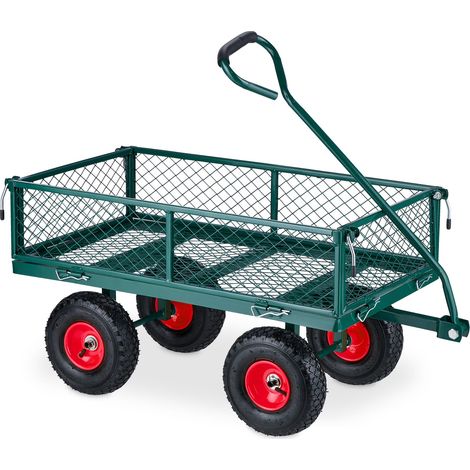Relaxdays Heavy-Duty Cart, Practical Garden Trolley, Pneumatic Wheels, Fold Down Sides, up to 200 kg, Steel, Green/Red