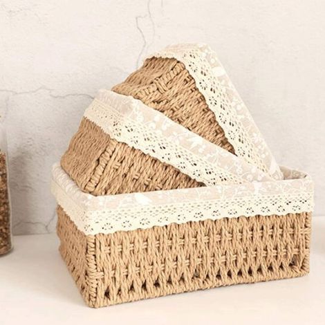TRADE SHOP - Set 3 Pz Porta Oggetti Organizer Cestino Intrecciato Con Fodera In Tessuto 79158 - (1/5)
