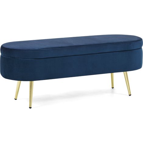 Banquette coffre en velours bleu foncé, banc de rangement ovale 20 L avec couvercle à vérin, pieds métal doré, pour chambre, salon et entrée CHICFURN (1/5)
