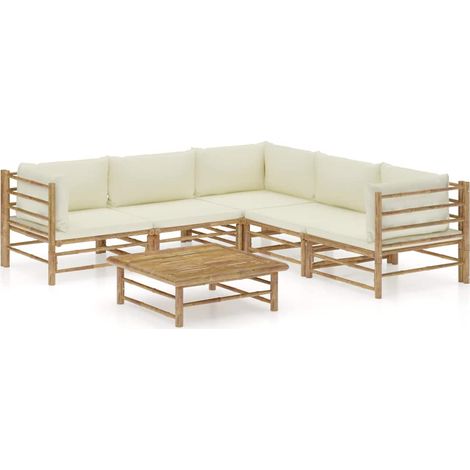 Salon de jardin 6 pcs Ensemble Table et Chaise de Jardin - avec coussins blanc crème Bambou BV777385 - BonneVie (1/5)