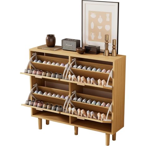 Meuble à chaussures en bois avec 4 portes et 4 bacs à couvercle rabattable - Finition chêne naturel - Organiseur de rangement peu encombrant pour chaussures, bottes et accessoires (pour 16 à 20 ans)