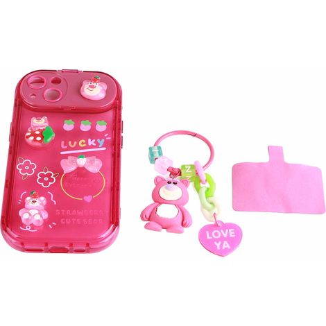 Coque téléphone 3D cartoon tendance, housse souple anti-poussière protectrice avec pendentif fraise ours pour iPhone 13 (1/5)
