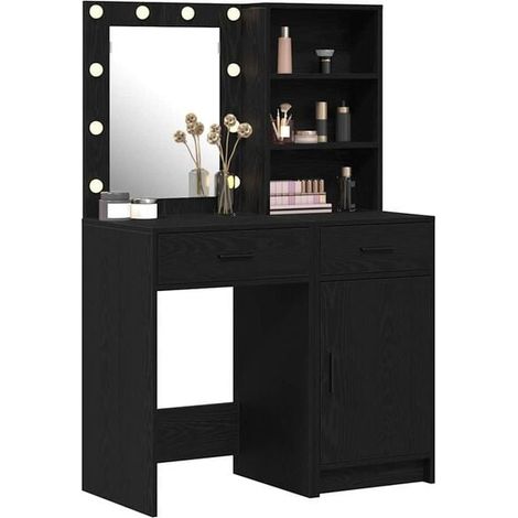 Coiffeuse avec Miroir et Éclairage LED, Table de Maquillage Moderne en Bois Couleur Chêne Noir, Ensemble 2 Pièces pour Chambre (1/5)