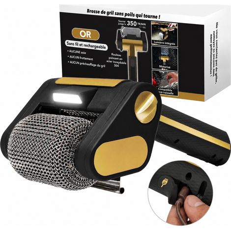 Brosse de barbecue électrique rotative noir et or en inox 304 avec 1 rouleau et LED réf 9454 26 × 14,5 × 11 cm 681 g – Livraison gratuite