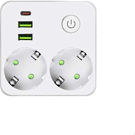 Wandsteckdosenleiste mit 2 Netzsteckdosen, 2 USB-Anschlüssen, 1 USB-C-Ladegerät und Schalter für europäische Stecker. (1/5)