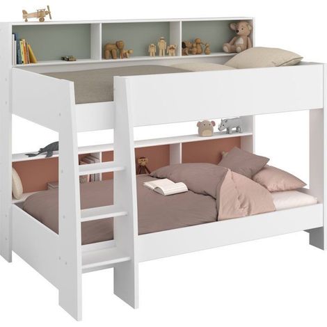 PARISOT Lits superposés enfant 2 x 90x200 cm - Décor Vert Céladon/Terracotta et Blanc Ombre - Sommiers inclus - JIM (1/5)