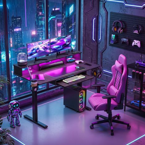 Bureau d'ordinateur - Bureau réglable - FLASIDU - table de jeu - Bande lumineuse RVB colorée - 4 niveaux de réglage électrique de la hauteur - 2 prises et 2 ports USB - 120×60×131cm - Noir (1/5)