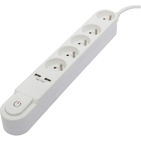 Bloc multiprise Design avec interrupteur 5 x 16A + 2 x USB - 1,5 m - blanc (1/3)