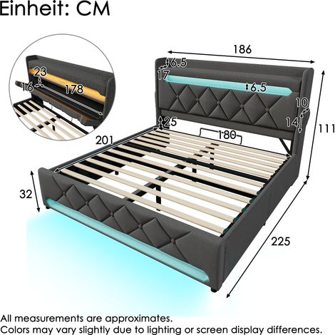 Lit 180x200 cm en lin gris, sommier avec coffre hydraulique, tête de lit avec étagères de rangement, ports USB et Type-C, éclairage LED 360° contours tête et pied, sans matelas
