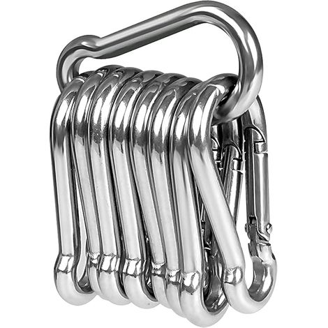 LISOPO Set di 5 moschettoni in acciaio inox 304, 70 mm x 7 mm, con chiusura a clip, per tutti gli utensili e le maniglie di trazione, colore argento. (1/5)