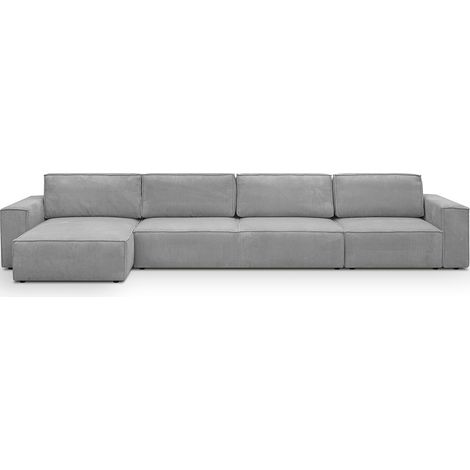 Canapé d'angle modulable réversible convertible 7 places avec coffre de rangement en velours côtelé gris clair - Harper Mod (1/5)