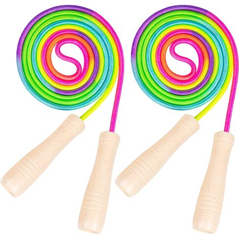 cordes à sauter pour enfants de 250 cm, réglables, avec poignée en bois et corde à sauter arc-en-ciel pour brûler des graisses et faire de l'exercice. (1/5)