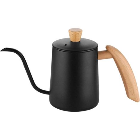 Caraffa in acciaio inox da 600 ml con beccuccio lungo e sottile e manico in legno, adatta per preparare caffè e tè - Nera (1/5)