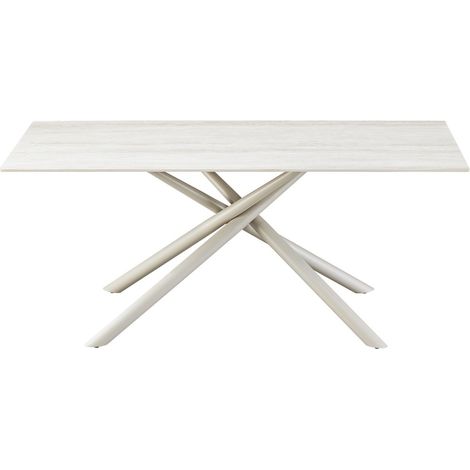 Table à manger rectangulaire 8 pers. en céramique effet Travertin et piètement blanc 180x90 cm - Nevel