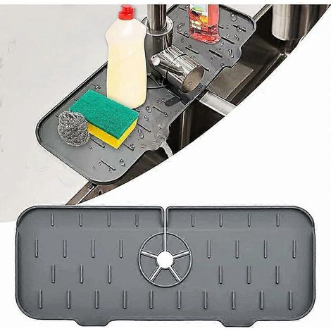 Lot de 5 tapis de robinet, tapis de cuisine pour garder l'évier au sec, tapis de robinet avec chiffon doux et tapis anti-gouttes en silicone pour évier/cuisine (37 x 14,8 x 0,5 cm/gris) (1/5)