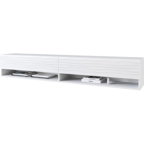 Mueble de TV Lowboard A 180 cm, mueble de televisión sin iluminación LED, dos estanterías, color blanco ondulado (1/4)