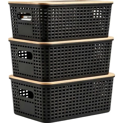 Relaxdays Aufbewahrungsbox, 3er Set, mit Deckel, Kunststoff & Bambus, Griffe, HBT: 11x25,5x18,5 cm, Organizer, schwarz (1/5)