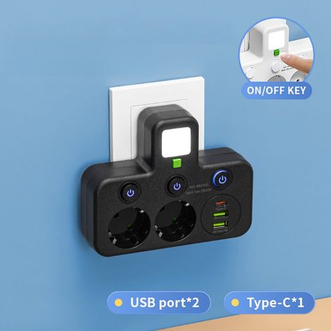 Un vers plusieurs, avec interrupteur, prise USB, avec multiprise USB intelligente, multiprise, rallonge, charge Type-C, avec veilleuse, exécution blanche 3