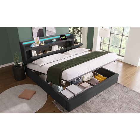 Cama doble de 160x200 cm con USB, carga y espacio de almacenamiento, cabecero acolchado con iluminación LED (1/5)