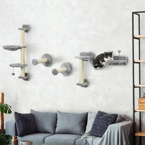 Arbre à chat parcours mural complet 4 pièces hamac pompon plateformes de saut poteau en sisal et échelle peluche gris (1/5)