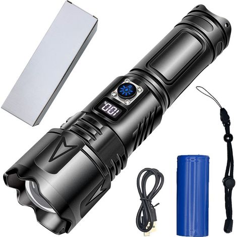 Ultrastarke Taschenlampe, 500.000 Lumen wiederaufladbare USB-C-LED-Taschenlampe, IP65 wasserdichte taktische Taschenlampen, 5 Zoom-Bar-Modi für Notfall-Aktivitäten im Freien (5000-mAh-Akku)