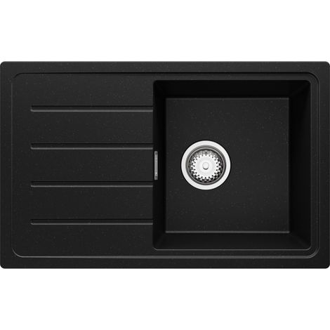 PRIMAGRAN Evier Cuisine en Granit 70x44cm, Lavabo 1 bac + Kit de Vidage, Évier à Encastrer au meuble 45cm - Copenhague Easy, Noir Métallisé