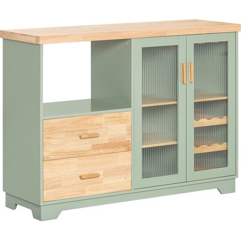 Sobuy – Buffet de cuisine avec 2 portes vitrées et 2 tiroirs – Rangement bouteilles – Dimensions L120 x P40 x H90 cm – Bois de chêne – FSB81GR