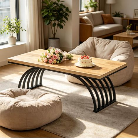 Mesa de centro rectangular 120 x 60 x 45 cm en metal y madera, negro y marrón, OKWISH (1/5)