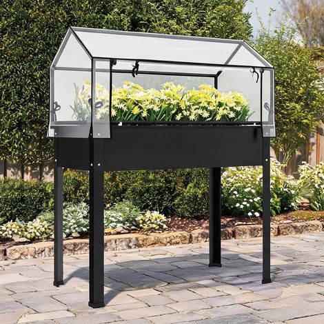 Coffre de jardin surélevé avec serre en noir 100 x 48 x 124 cm (1/5)