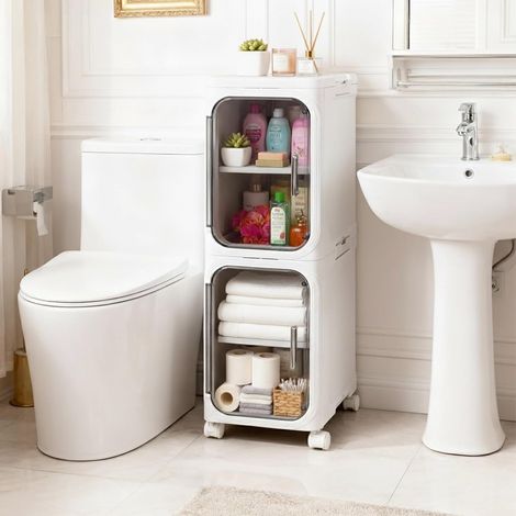 Armoire de rangement fine avec roulettes – Armoire de salle de bain pliable étroite – Unité de rangement mobile pour petits espaces, buanderie et cuisine (blanc, 2 niveaux) (1/5)