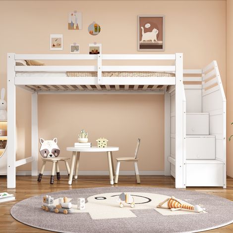 Lit mezzanine - 90x200 cm - Barrières de sécurité - Pin - Blanc (1/5)